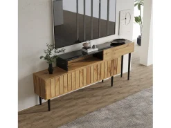 Suporte para TV em madeira e preto - Suporte para TV com 2 portas retráteis e pés em ferro - Arrumação aberta