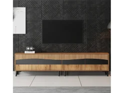 Suporte para TV em madeira e preto - Suporte para TV com 4 portas e 8 pés - compatível com TVs até 75 polegadas