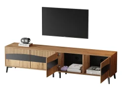 Suporte para TV em madeira e preto - Suporte para TV com 4 portas e 8 pés - compatível com TVs até 75 polegadas