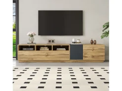 Suporte para TV em madeira - Suporte para TV com 2 portas retráteis e 2 portas articuladas - espaço de arrumação aberto