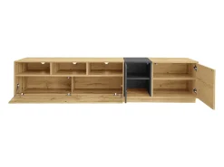 Suporte para TV em madeira - Suporte para TV com 2 portas retráteis e 2 portas articuladas - espaço de arrumação aberto