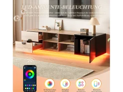 Suporte para TV em madeira contrastante e preto - 180 x 38,5 x 47 cm - com 2 gavetas + porta + prateleira + LEDs - madeira - natural + preto