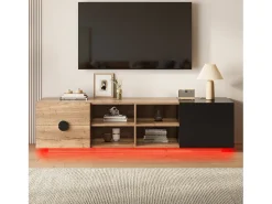 Suporte para TV em madeira contrastante e preto - 180 x 38,5 x 47 cm - com 2 gavetas + porta + prateleira + LEDs - madeira - natural + preto