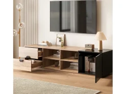 Suporte para TV em madeira contrastante e preto - 180 x 38,5 x 47 cm - com 2 gavetas + porta + prateleira + LEDs - madeira - natural + preto