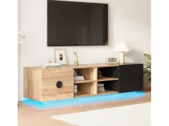 Suporte para TV em madeira contrastante e preto - 180 x 38,5 x 47 cm - com 2 gavetas + porta + prateleira + LEDs - madeira - natural + preto