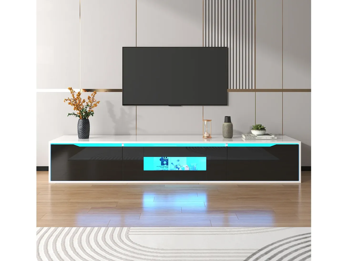 Suporte para TV em madeira e preto brilhante com iluminação LED multicolorida – Design moderno e harmonioso, 180 x 35 x 30 cm