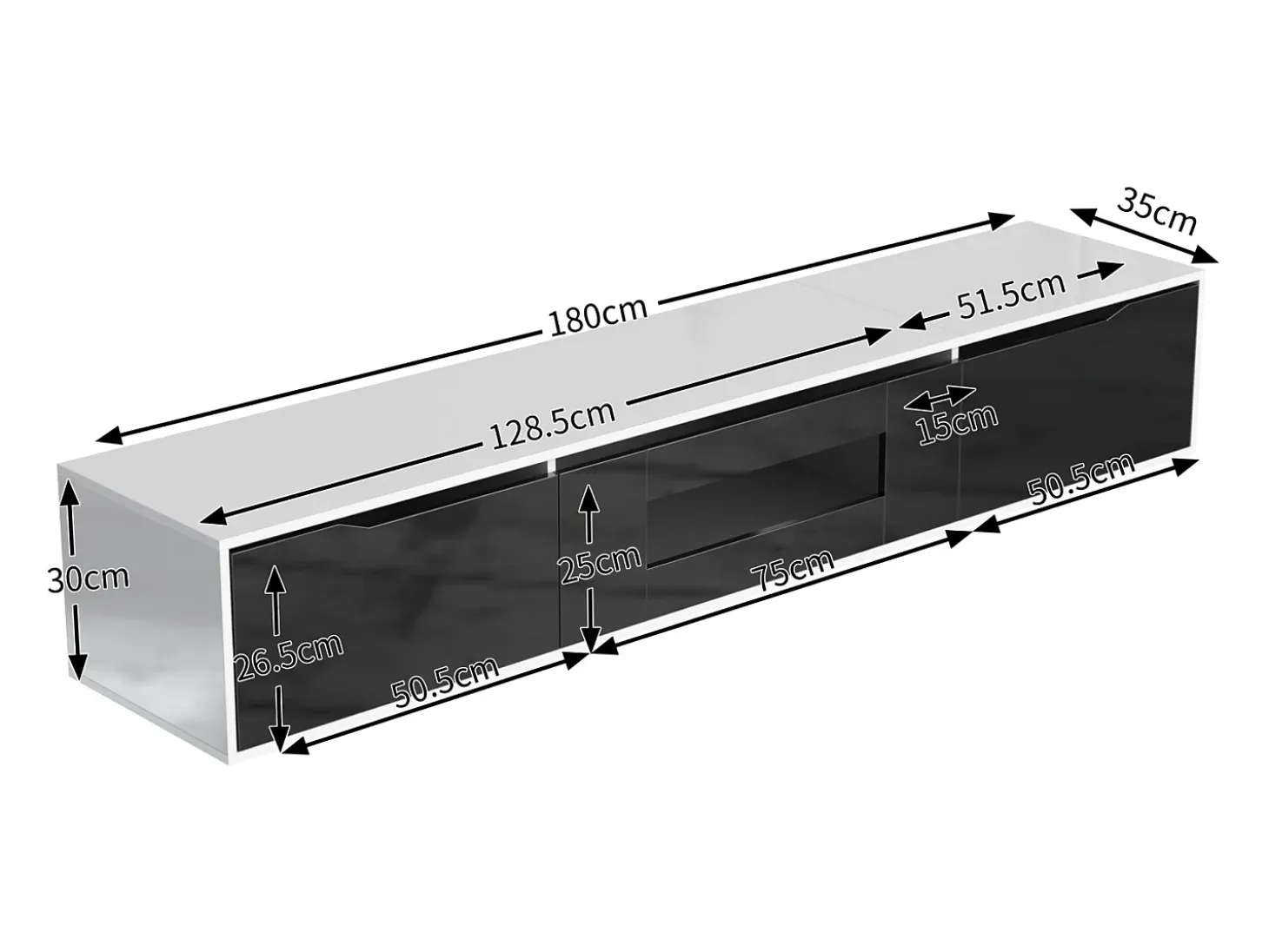 Suporte para TV em madeira e preto brilhante com iluminação LED multicolorida – Design moderno e harmonioso, 180 x 35 x 30 cm