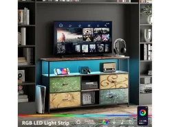 Suporte para TV LED RGB – 4 gavetas vintage, estrutura de metal, prateleira ajustável, 108x30x57 cm
