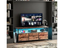 Suporte para TV LED RGB – 3 gavetas vintage, estrutura de metal, prateleira ajustável, 137x30x57 cm
