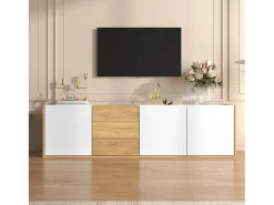 Suporte para TV, painel baixo em madeira e branco, que pode ser montado na parede ou colocado no chão.
