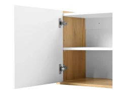 Suporte para TV, painel baixo em madeira e branco, que pode ser montado na parede ou colocado no chão.