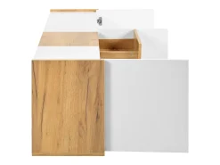 Suporte para TV, painel baixo em madeira e branco, que pode ser montado na parede ou colocado no chão.