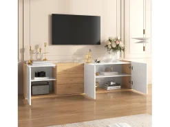 Suporte para TV, painel baixo em madeira e branco, que pode ser montado na parede ou colocado no chão.