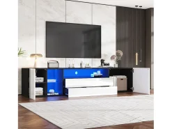 Suporte para TV preto e branco com iluminação LED - Suporte para TV com 2 gavetas e 2 portas - 3 compartimentos de arrumação abertos