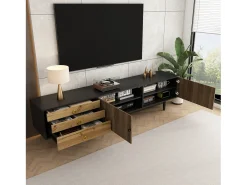 Suporte para TV preto e madeira - Suporte para TV com 2 portas e 3 gavetas - Puxadores dourados e padrão ondulado