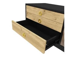 Suporte para TV preto e madeira - Suporte para TV com 2 portas e 3 gavetas - Puxadores dourados e padrão ondulado