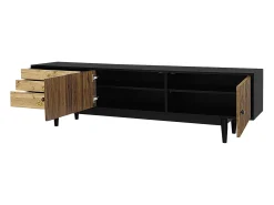 Suporte para TV preto e madeira - Suporte para TV com 2 portas e 3 gavetas - Puxadores dourados e padrão ondulado