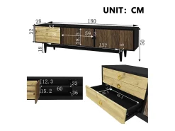 Suporte para TV preto e madeira - Suporte para TV com 2 portas e 3 gavetas - Puxadores dourados e padrão ondulado