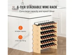 Suporte para Vinhos Empilhável SucceBuy para 48 Garrafas, Prateleira de Exposição em Madeira de Bambu com 6 Níveis