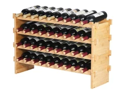 Suporte para Vinhos, SucceBuy Suporte para Vinhos Empilhável de 4 Níveis para 36 Garrafas, Prateleira de Madeira de Bambú Natural