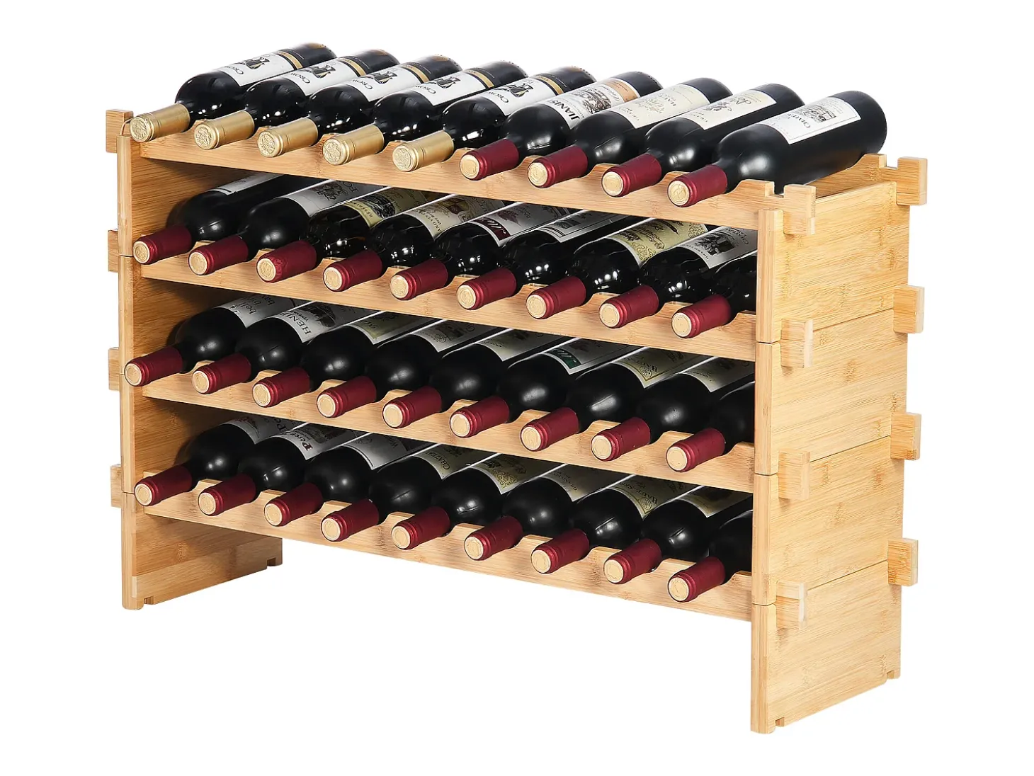 Suporte para Vinhos, SucceBuy Suporte para Vinhos Empilhável de 4 Níveis para 36 Garrafas, Prateleira de Madeira de Bambú Natural