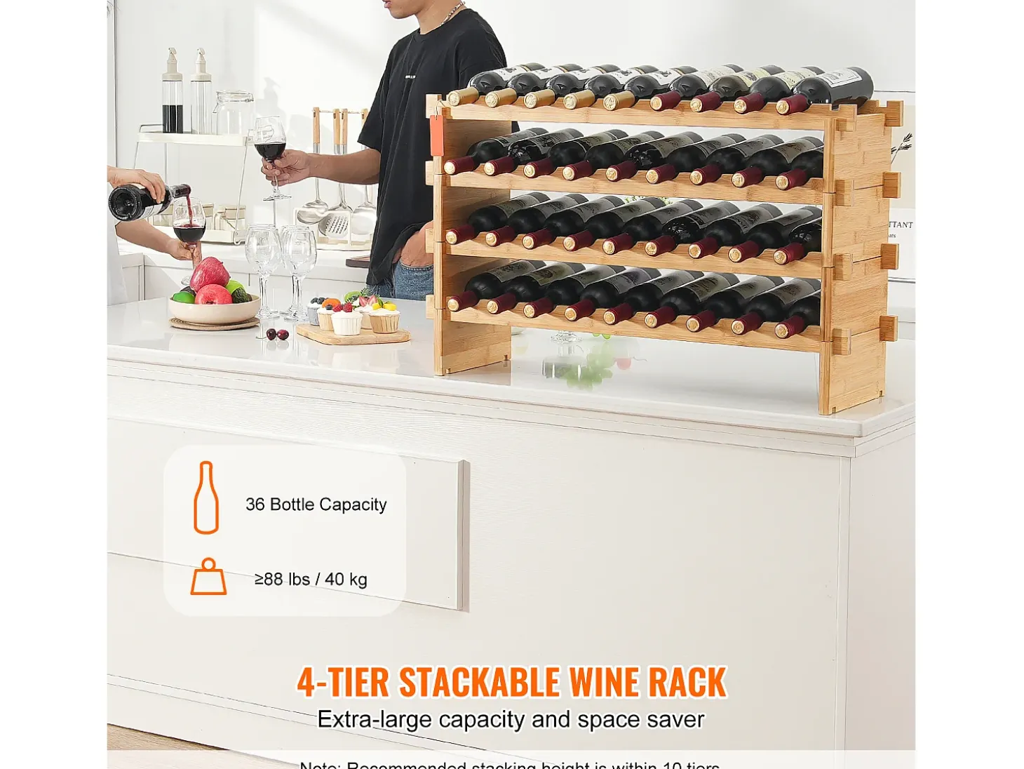 Suporte para Vinhos, SucceBuy Suporte para Vinhos Empilhável de 4 Níveis para 36 Garrafas, Prateleira de Madeira de Bambú Natural
