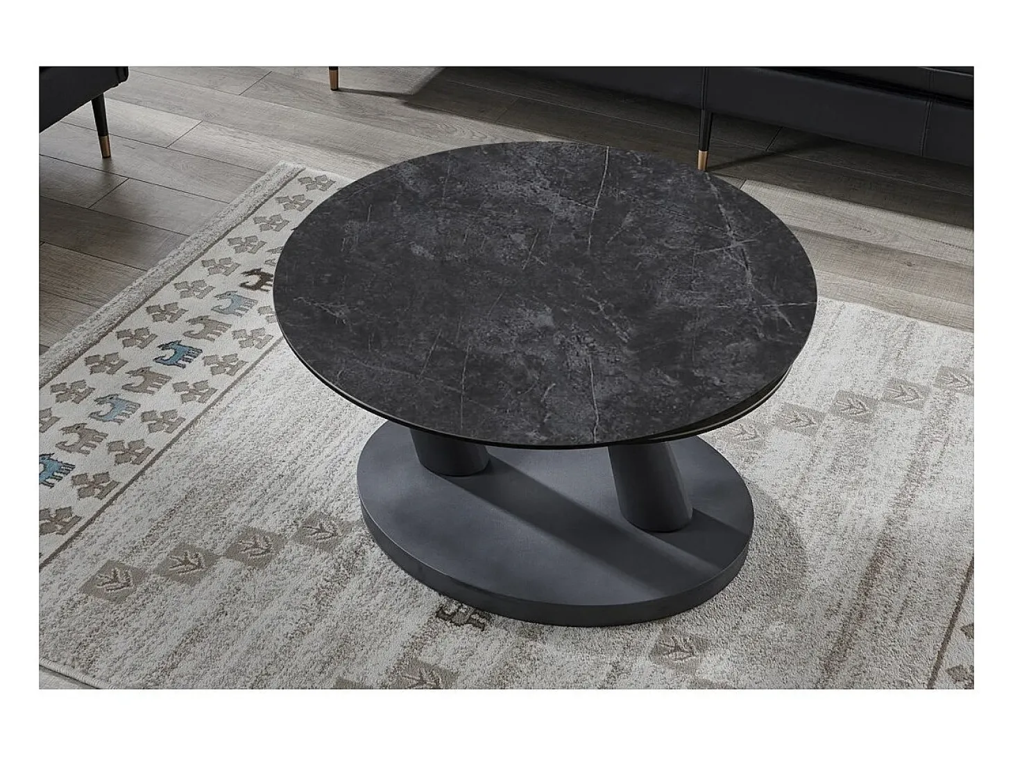 Table baixa VIRELLO – Mesa de centro redonda Ø80 cm – Pedra natural cinza escura & metal – Design contemporâneo e robusto