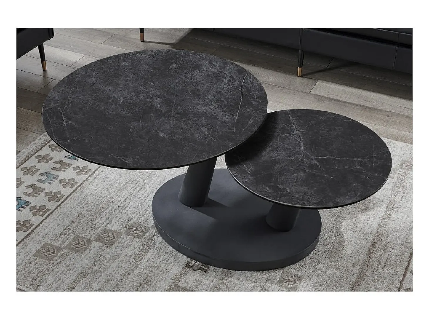Table baixa VIRELLO – Mesa de centro redonda Ø80 cm – Pedra natural cinza escura & metal – Design contemporâneo e robusto