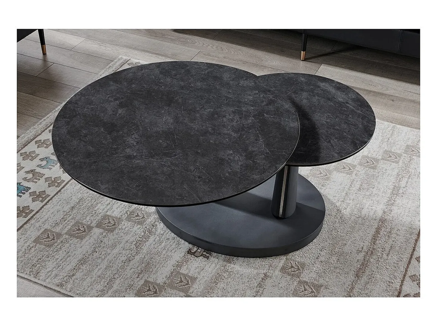 Table baixa VIRELLO – Mesa de centro redonda Ø80 cm – Pedra natural cinza escura & metal – Design contemporâneo e robusto