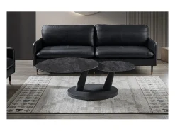 Table baixa VIRELLO – Mesa de centro redonda Ø80 cm – Pedra natural cinza escura & metal – Design contemporâneo e robusto
