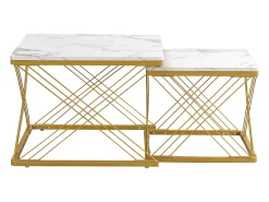 Table basse gigogne -Lot de 2 - Plateau finition brillant en effet marbre - Blanc et doré