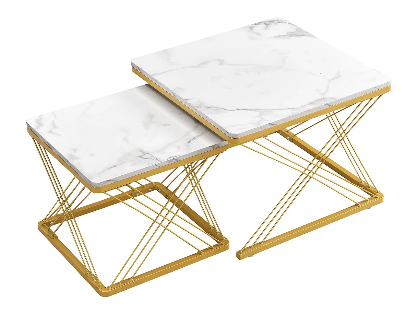 Table basse gigogne -Lot de 2 - Plateau finition brillant en effet marbre - Blanc et doré
