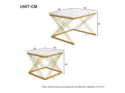 Table basse gigogne -Lot de 2 - Plateau finition brillant en effet marbre - Blanc et doré