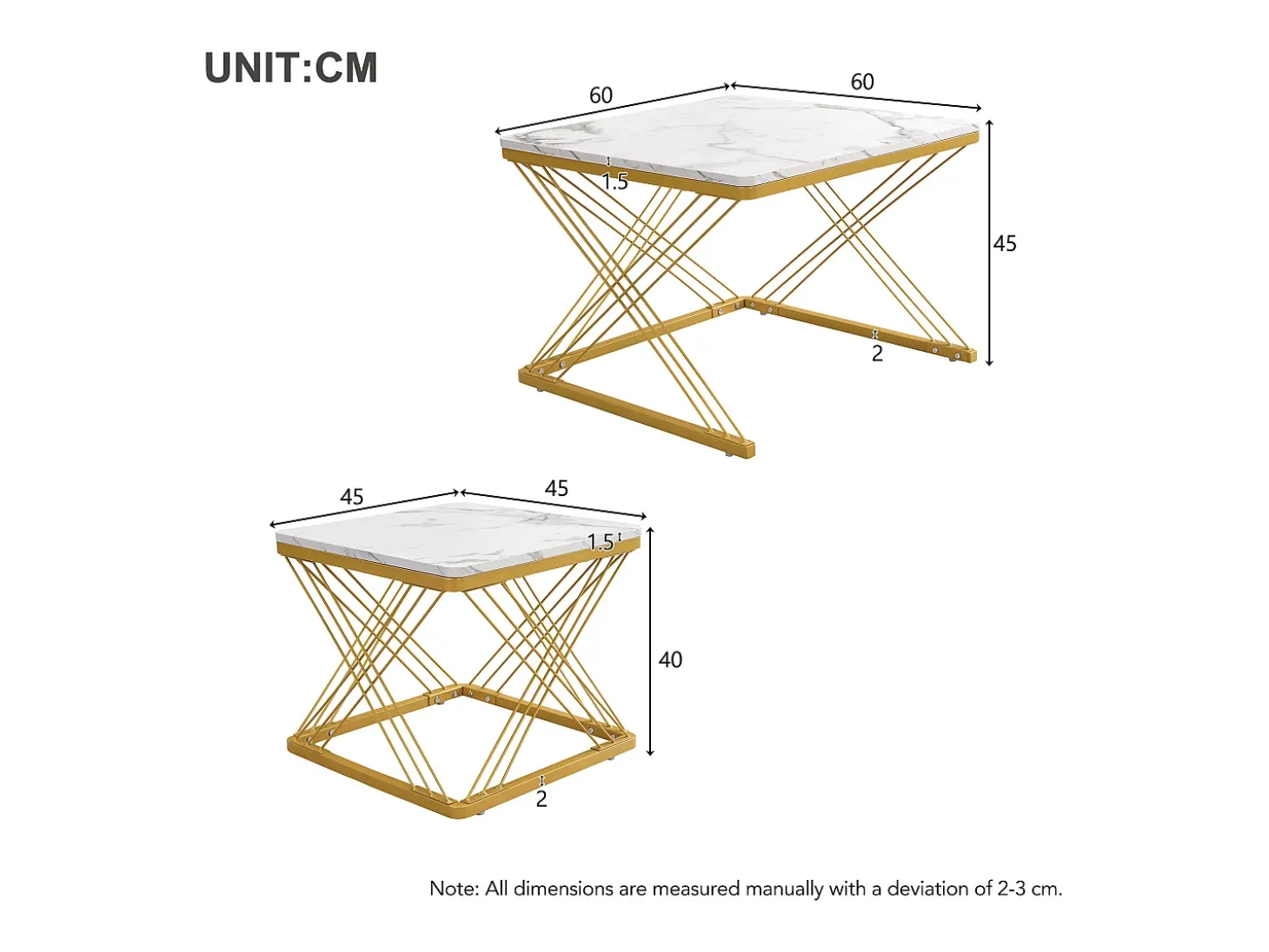 Table basse gigogne -Lot de 2 - Plateau finition brillant en effet marbre - Blanc et doré
