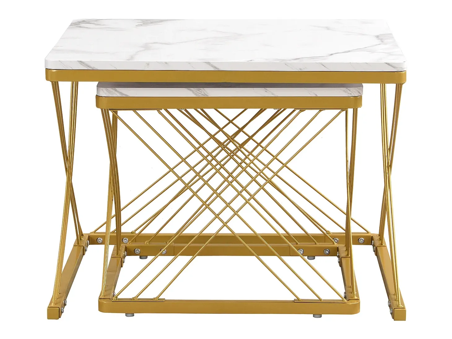 Table basse gigogne -Lot de 2 - Plateau finition brillant en effet marbre - Blanc et doré