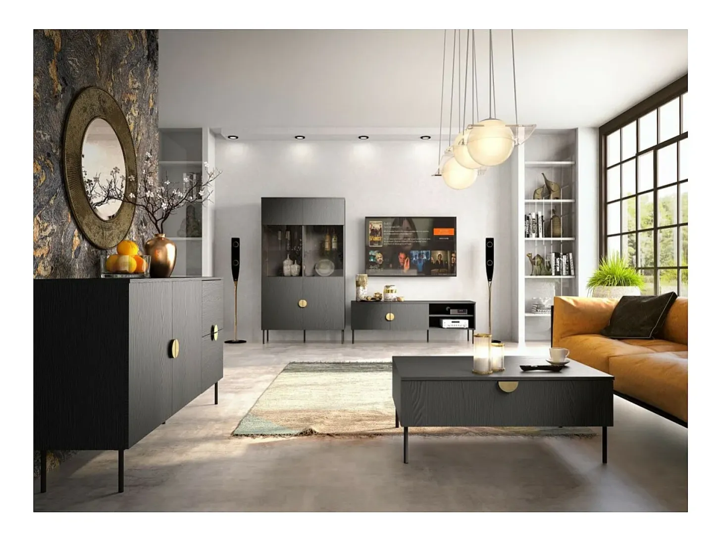 Table basse noire et poignée dorée avec clapet - Collection MONDO