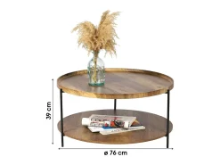Table basse ronde JAYCE avec 2 niveaux, structure en métal noir, style ethnique