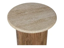 Table de centro MAELORA – Mesa de centro redonda Ø50 cm – Madeira de mangueira & travertino – Design natural e elegante