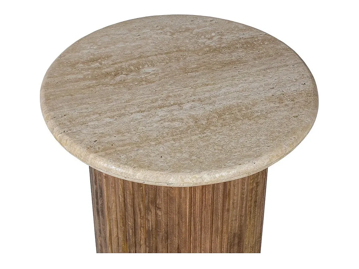 Table de centro MAELORA – Mesa de centro redonda Ø50 cm – Madeira de mangueira & travertino – Design natural e elegante