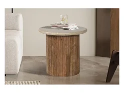 Table de centro MAELORA – Mesa de centro redonda Ø50 cm – Madeira de mangueira & travertino – Design natural e elegante