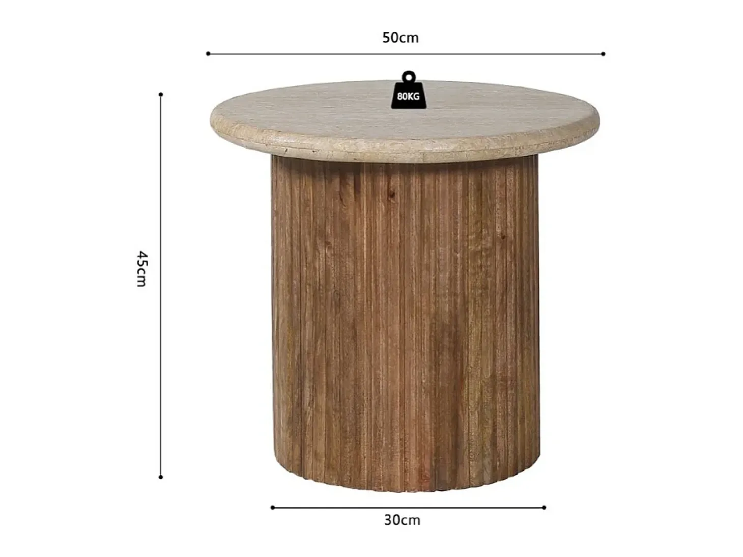 Table de centro MAELORA – Mesa de centro redonda Ø50 cm – Madeira de mangueira & travertino – Design natural e elegante