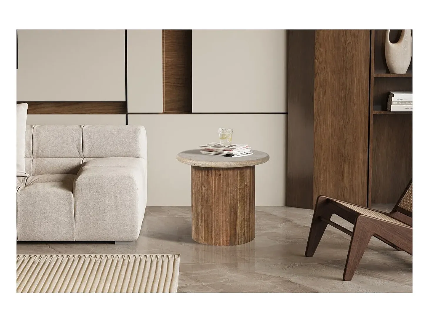 Table de centro MAELORA – Mesa de centro redonda Ø50 cm – Madeira de mangueira & travertino – Design natural e elegante