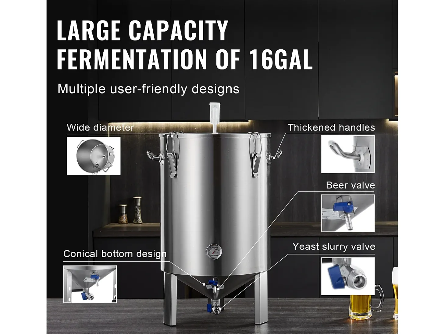 Tanque de Fermentação, SucceBuy Kit de Tanque de Fermentação Caseira de Aço Inoxidável de 60 L com Fermentador de Cerveja