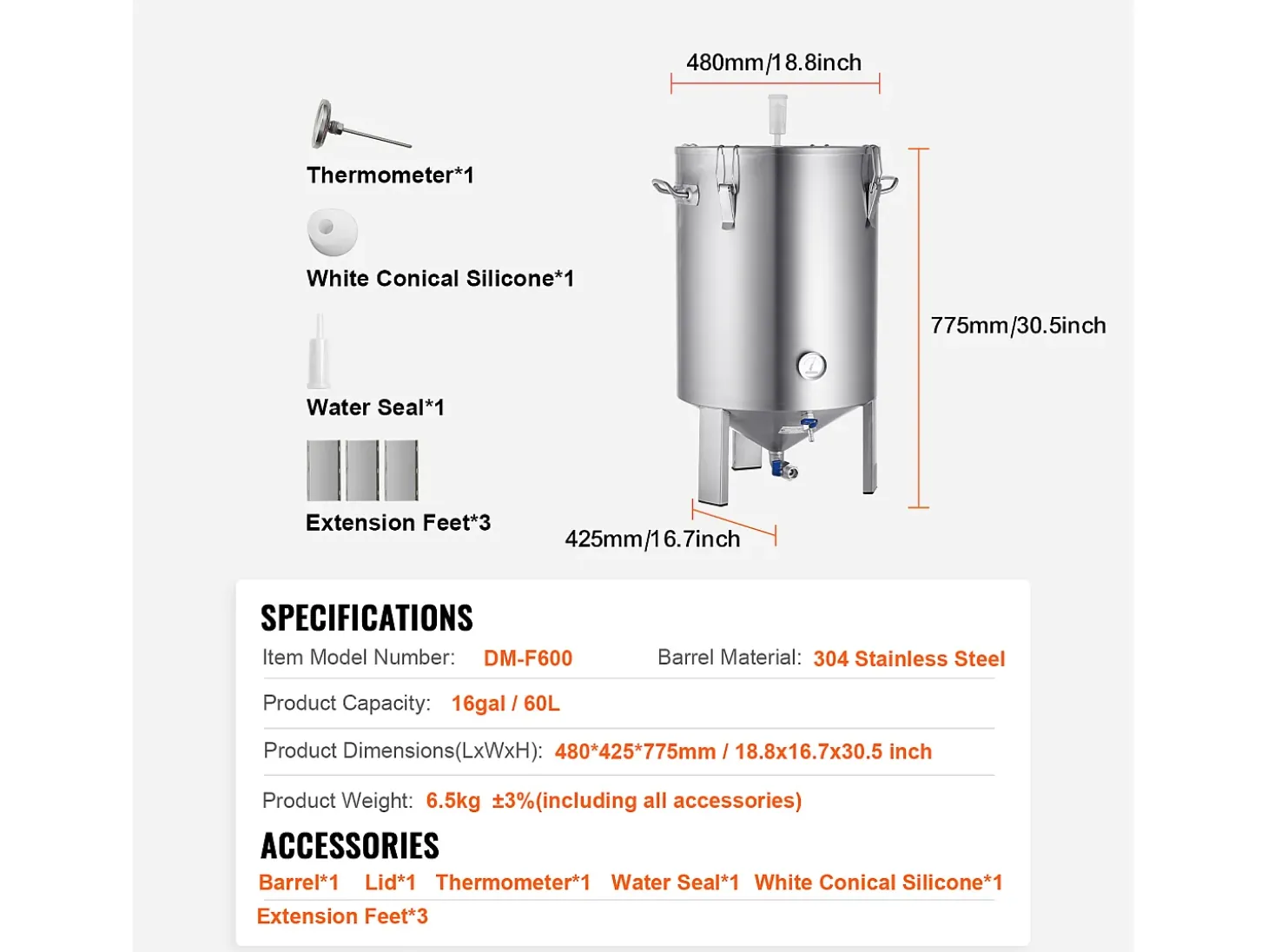 Tanque de Fermentação, SucceBuy Kit de Tanque de Fermentação Caseira de Aço Inoxidável de 60 L com Fermentador de Cerveja