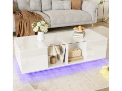 Tavolino da caffè moderno bianco con illuminazione a LED, piano del tavolo lucido, 120 x 50 x 38,5 cm