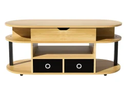 Tavolino moderno in venature del legno, con funzione di sollevamento, spazio di archiviazione e cassetti in tessuto nero