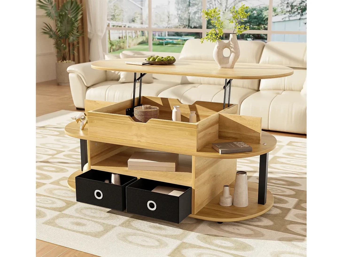Tavolino moderno in venature del legno, con funzione di sollevamento, spazio di archiviazione e cassetti in tessuto nero