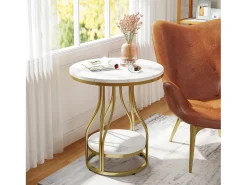Tábua de apoio redonda em ouro branco com dois níveis, Mesa de cabeceira moderna, Pequena tábua de apoio com prateleira de armazenamento