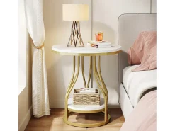 Tábua de apoio redonda em ouro branco com dois níveis, Mesa de cabeceira moderna, Pequena tábua de apoio com prateleira de armazenamento