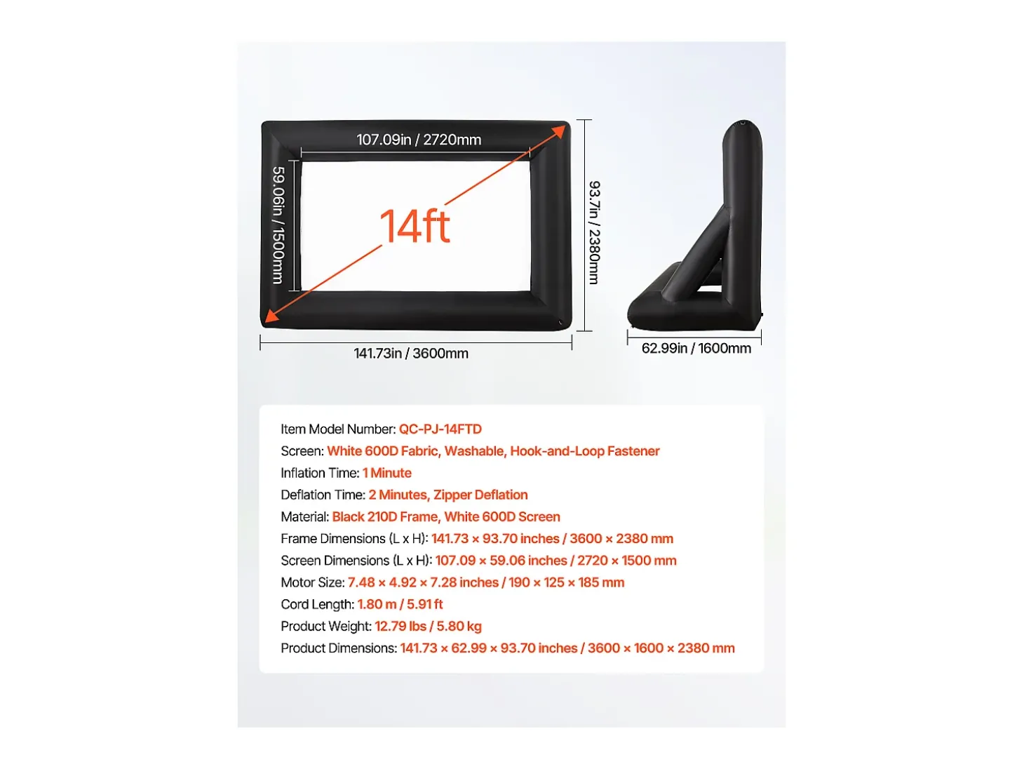Tela de Projeção Inflável SucceBuy, Material 600D, Portátil com Saco de Armazenamento, Formato 16:9, Ideal para Home Cinema, 378 x 160 x 317 cm